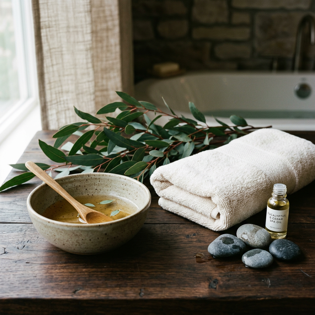 Botanical oils, stones, and folded towel