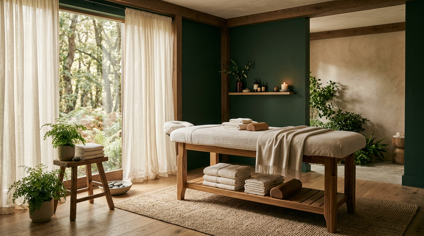 Serene massage room with warm natural light