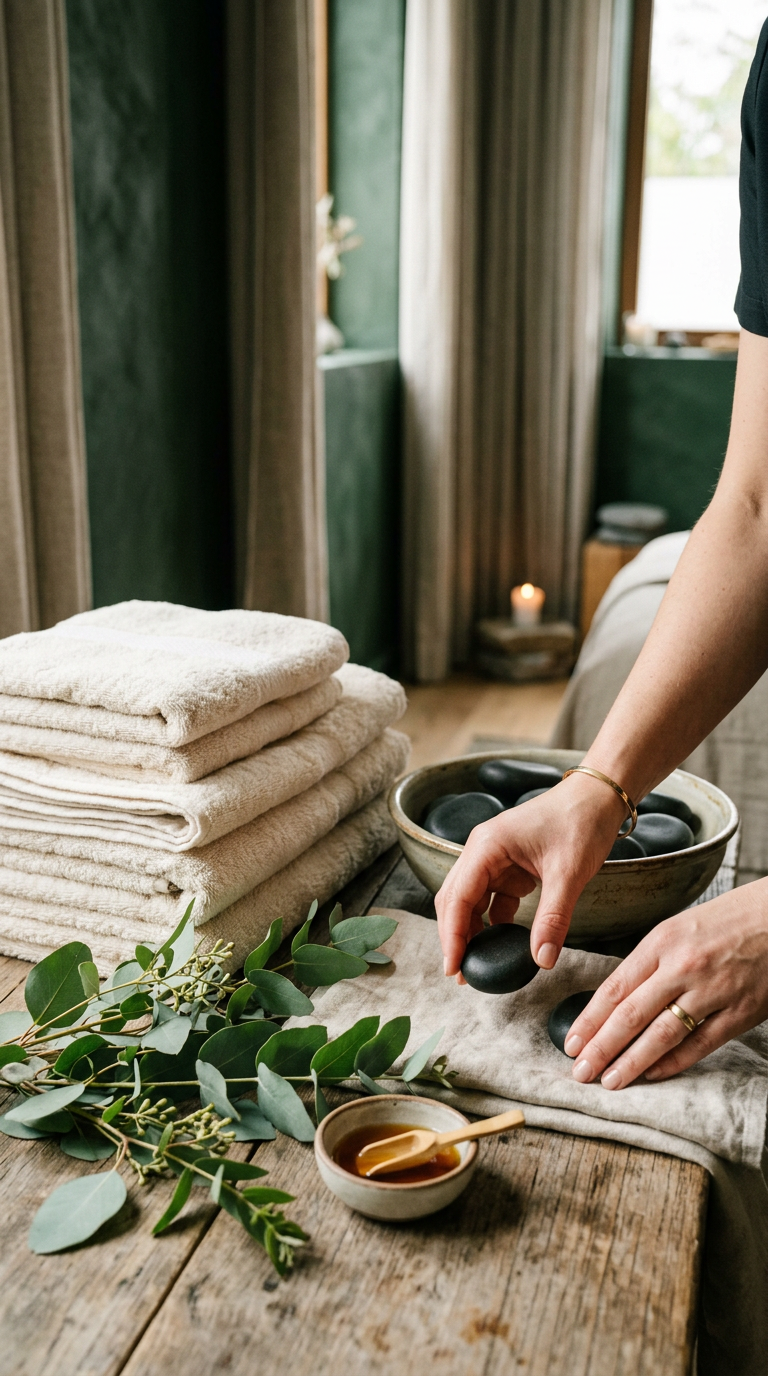Warm stones and eucalyptus prepared for a treatment